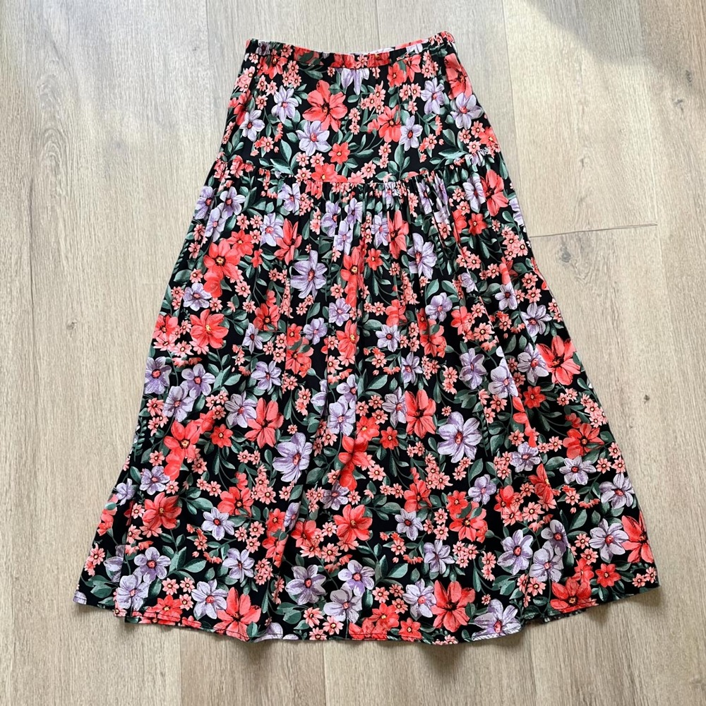 Abel the Label Womens Floral Tiered Maxi Skirt Black Red Purple Rayon Size S - Picture 2 of 8
